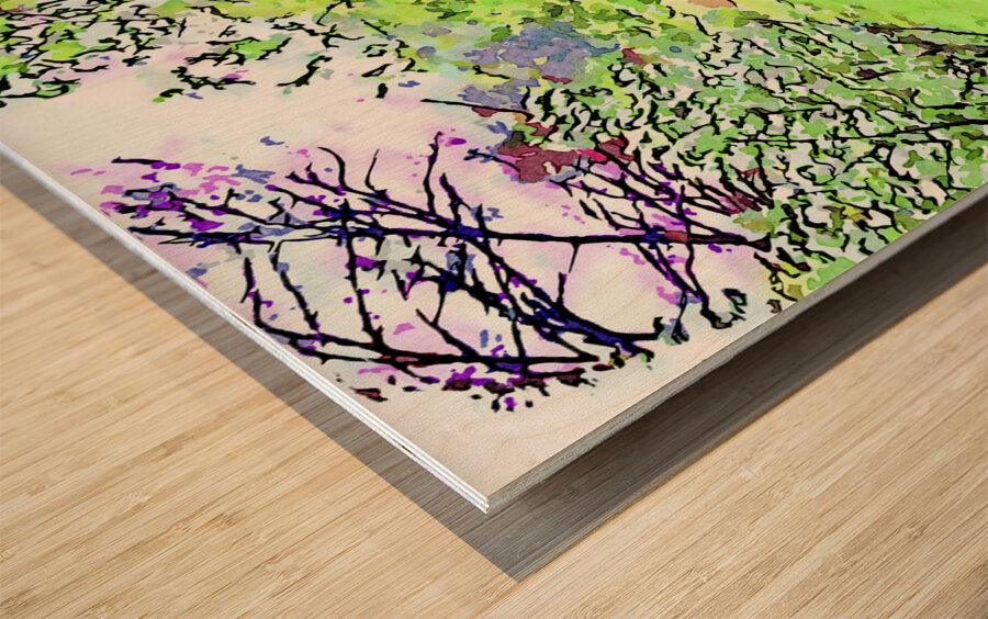 Vibrant watercolor landscape of a lush spring garden Wood print