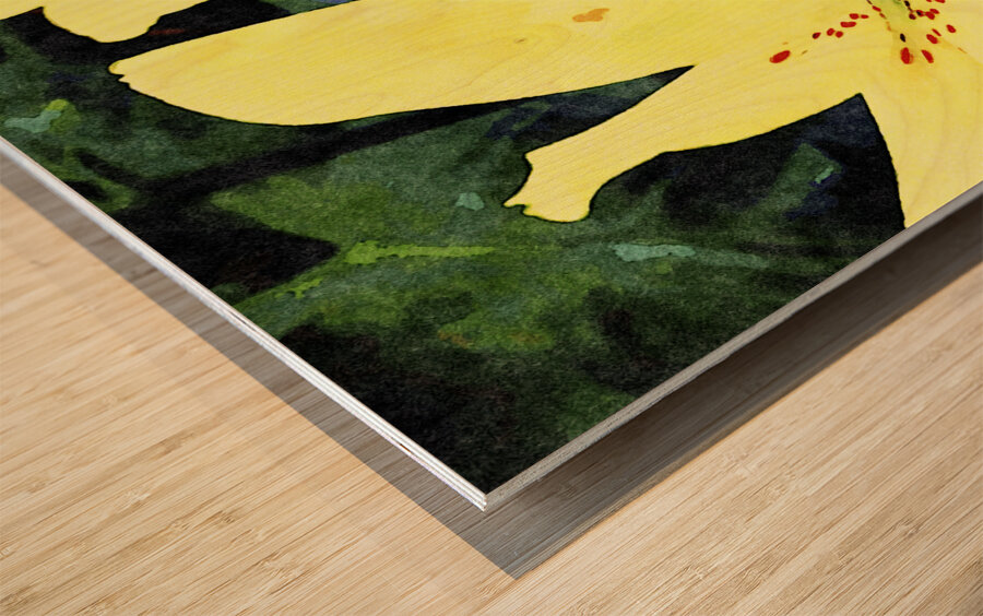 Vibrant yellow lilies in a watercolor style against greenery and yellow blooms Wood print