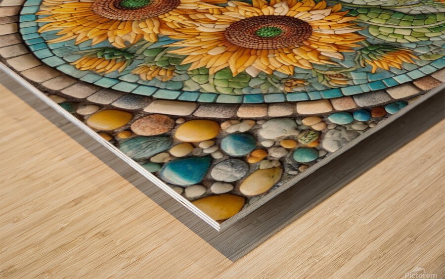 Stunning Mosaic Artwork of Sunflowers in a Decorative Blue Vase Wood print