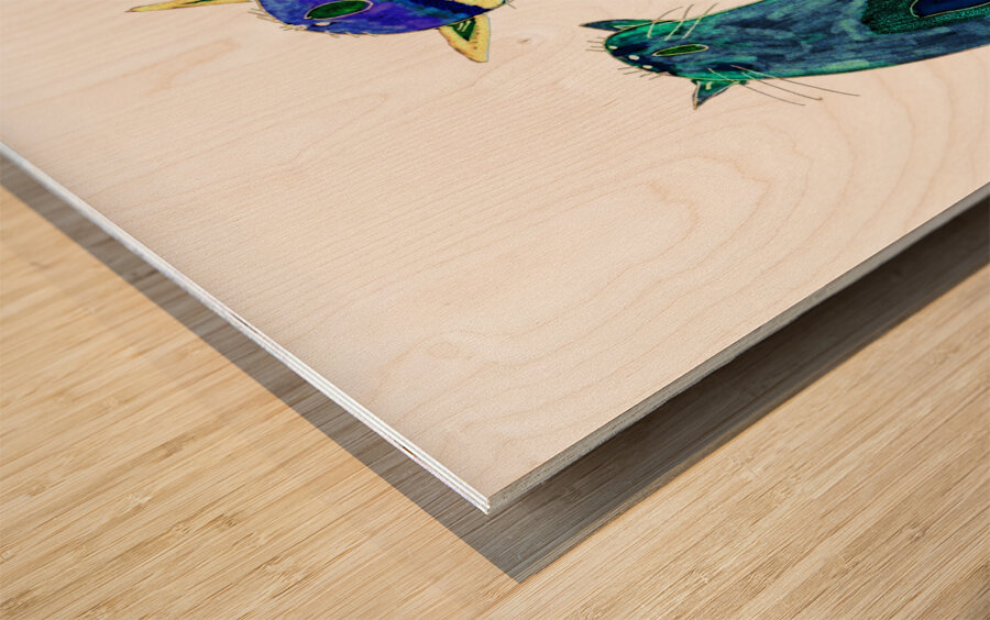 Abstract Green and Blue Singing Cats Wood print