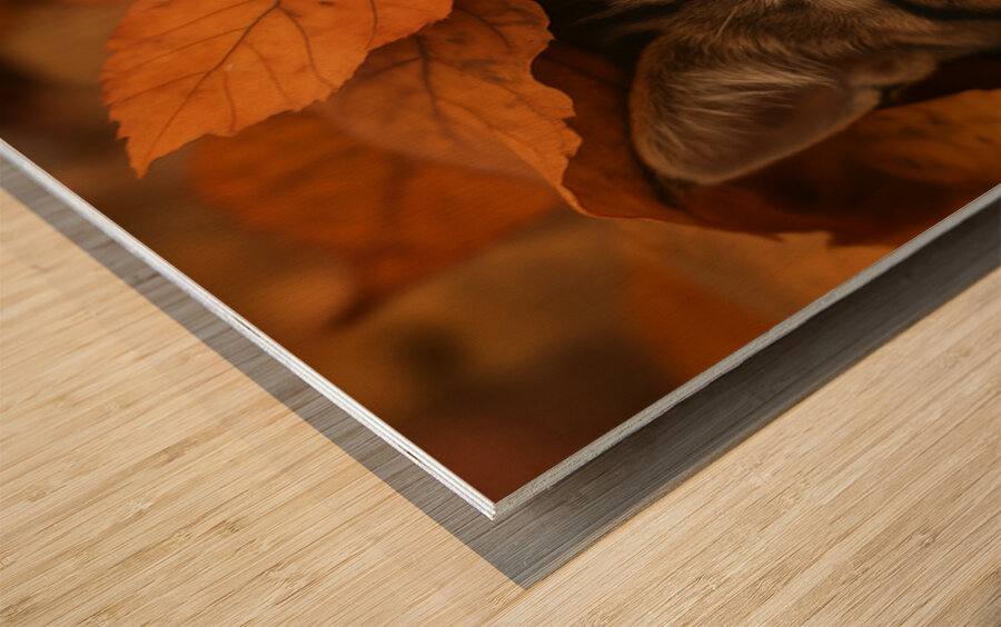 Cute Tabby Kitten in Autumn Forest Leaves Wood print