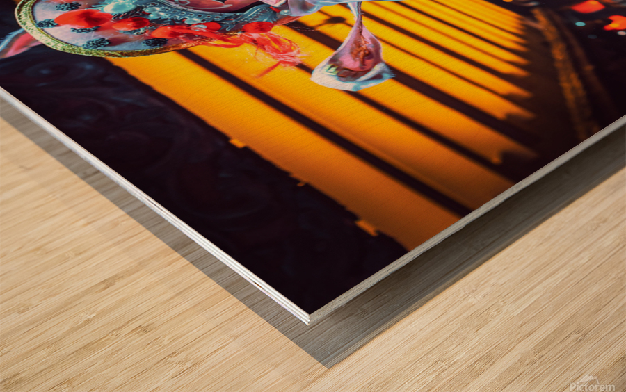 Chinese actress performs a traditional face-changing show Wood print