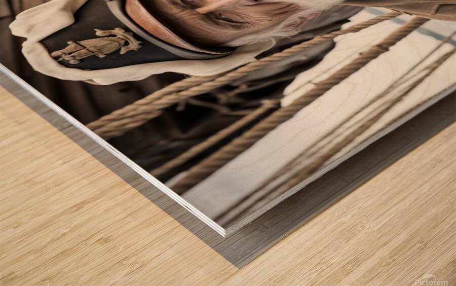 Old sailing ship captain face weathered with old wooden sailing ship in background  Wood print