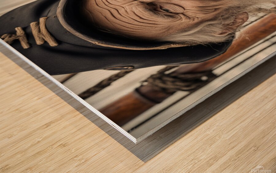 Old sailing ship captain face weathered with old wooden sailing ship in background  Wood print