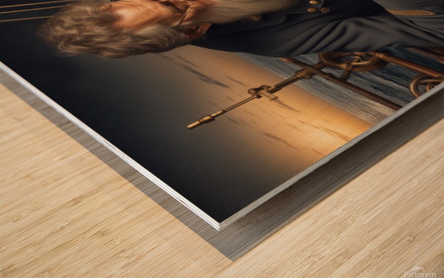 Old sailing ship captain looking at his old brass compass night time with ruff ocean behind him Wood print