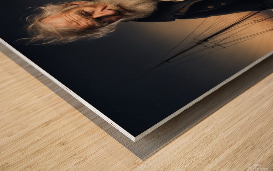 Old sailing ship captain weathered face looking at his old brass compass night time with ruff sea behind him Wood print