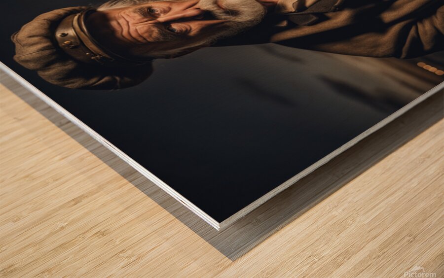 Old sailing ship captain weathered face looking at his old brass compass night time with ruff sea behind him Wood print