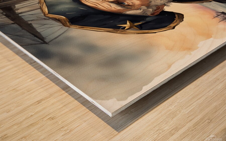 Old sailing ship captain weathered face looking at his old brass compass night time with ruff sea behind him Watercolor style Wood print