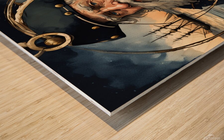 Old sailing ship captain weathered face looking at his old brass compass night time with ruff sea behind him Watercolor style Wood print