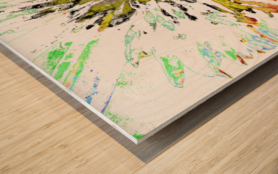 Abstract Neon Green Colour Blast Daisy Flower on an Abstract Background Wood print