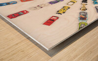 portrait of Caucasian child with toy cars  Wood print