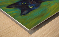 Black cat in the green grass acrylic painting  Wood print