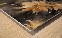 A swirling abstract floral composition painted in vibrant watercolor tones of gold and deep charcoal. The flower-like form bursts with movement featuring delicate tendrils and splashes of shimmering pigment. Points of light flicker throughout the dark bac Wood print