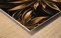 A swirling abstract design featuring vibrant golden and dark black elements creating a dynamic flower-like shape. Delicate elongated tendrils extend outward interspersed with bright shimmering points of light against a dark background conveying a sense... Wood print