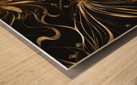 A swirling abstract design featuring vibrant golden and dark black elements creating a dynamic flower-like shape. Delicate elongated tendrils extend outward interspersed with bright shimmering points of light against a dark background conveying a sense... Wood print