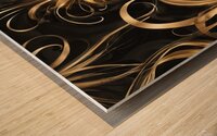 A swirling abstract design featuring vibrant golden and dark black elements creating a dynamic flower-like shape. Delicate elongated tendrils extend outward interspersed with bright shimmering points of light against a dark background conveying a sense... Wood print