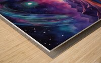 A surreal cosmic landscape featuring a winding river of glowing blue and purple light. The river flows through dark textured mountains under a starry sky. A large luminous planet hovers in the background casting a gentle light on the scene with a vibrant. Wood print