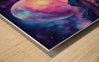 A surreal cosmic landscape featuring a winding river of glowing blue and purple light. The river flows through dark textured mountains under a starry sky. A large luminous planet hovers in the background casting a gentle light on the scene with a vibrant. Wood print
